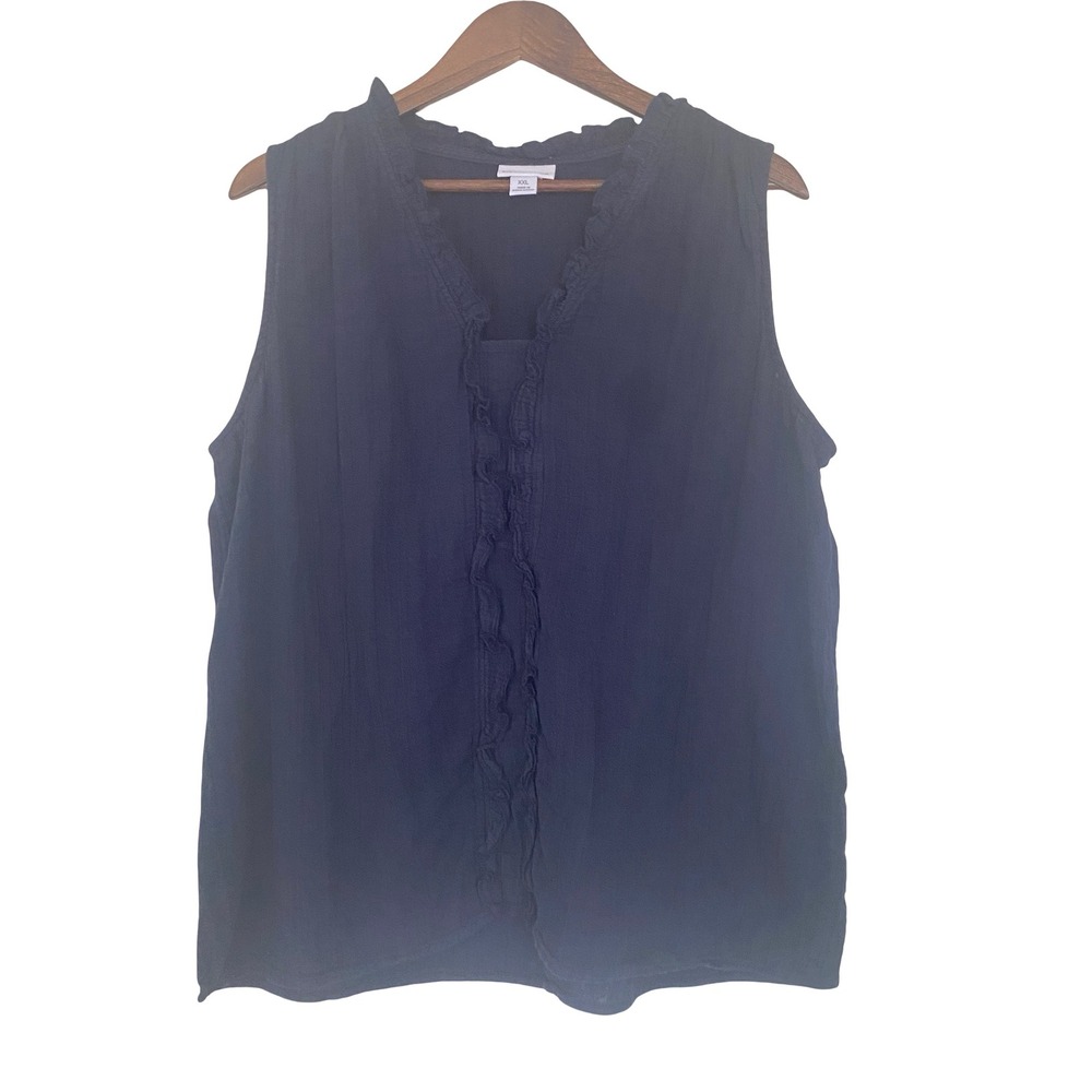 Liz Claiborne Women Sleeveless Blouse XXL Navy Ruffle V-Neck Cotton Gauze Top